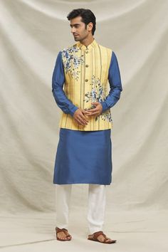 Sapphire blue straight kurta. Paired with pant. Comes along with yellow floral print bundi. - Aza Fashions Kurta Set For Men, Pajama Pattern, Nehru Jackets, Straight Kurta, Flowering Vines, Kurta Set, Sapphire Blue, Floral Flower, Yellow Floral