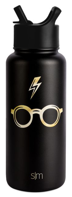 a black and gold water bottle with glasses on the front, it says slim in white lettering