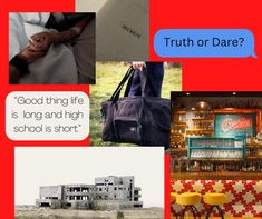 there are many different pictures with the words truth or dare in them, including an old building and two yellow stools