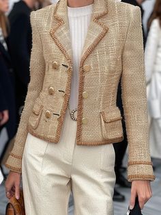 Daily Buckle Plain Urban Lapel Collar Tweed Blazer Jacket | fehaute Long Tweed Jacket Outfit, Khaki Outfits For Women, Chanel Jacket Outfit, Chanel Jacket Trims, Jacket Over Dress, Tweed Jacket Outfit, Khakis Outfit, Classy Clothes, Casual Blazer Women