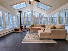 a living room with large windows and a dog sitting on the rug in front of the couch