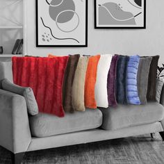 a grey couch with six different colored pillows on it and two framed pictures in the background