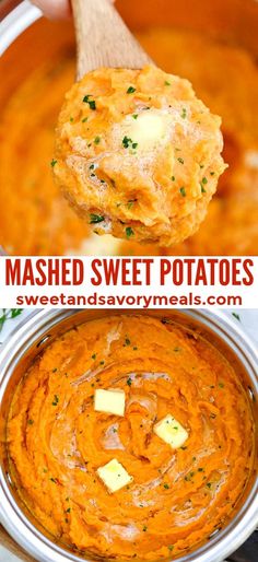 mashed sweet potatoes in a pot with a wooden spoon and text overlay that says mashed sweet potatoes