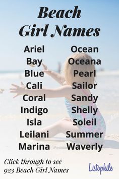 923 Beach Girl Names, featuring beachy and exotic names. These beach names for baby girls include real beach names from around the world. Click through to see more Beach Girl Names. Beachy Girl Names, Beach Names Ideas, Beachy Names, Beach Names, Exotic Names, Mermaid Names, Uncommon Baby Names, Sweet Baby Names