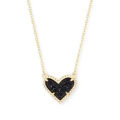 Kendra Scott | Ari Heart Gold Pendant Necklace in Black Drusy - Giddy Up Glamour Boutique Black Heart Kendra Scott Necklace, Kendra Scott Black Necklace, Black Heart Jewelry, Black Kendra Scott Necklace, Kendra Scott Heart Necklace, Black Heart Necklace, Big Reputation, Dream Wishlist, Short Pendant Necklace