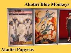 an advertisement for akoti blue monkeys featuring three women in front of art work