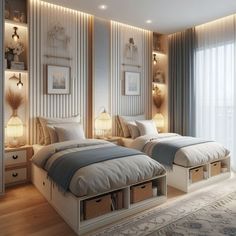 two beds in a room with white walls and wooden floors