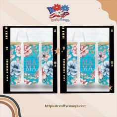 the front and back side of a double door with flowers on it, in blue