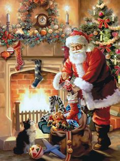 a painting of santa claus and his dog by the fireplace with christmas decorations on it