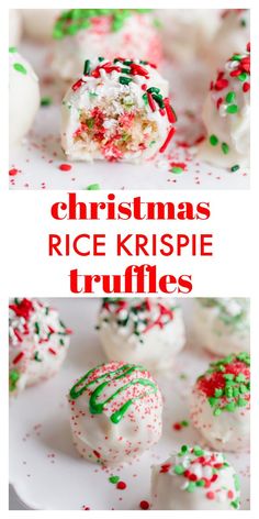 christmas rice krispie truffles with sprinkles and candy on top