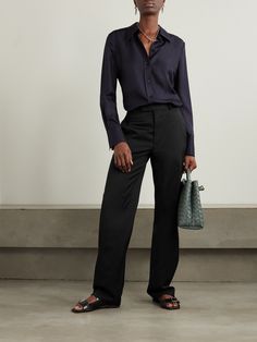 Each of RÓHE's designs are a lesson in elevated minimalism. Tailored from wool and mohair-blend crepe, these pants sit high on the waist and fall to relaxed, straight legs. Style yours with a slim belt threaded through the loops. Luxury High-waisted Office Pants, Sleek Silk Pants For Workwear, Sleek Silk Bottoms For Work, Silk Dress Pants With Pressed Crease For Work, Silk Straight Pants For Workwear, Silk Straight Pants For Work, Chic Silk Dress Pants For Workwear, Silk Pants For Workwear In Fall, Silk Tapered Leg Pants For Work