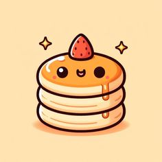 a stack of pancakes with a strawberry on top and stars around it's edges