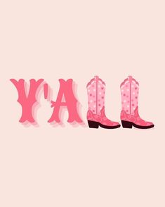 the word yay spelled with pink cowboy boots and polka dots on a light pink background