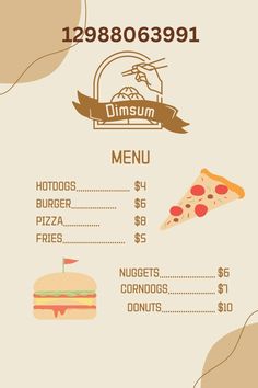 a menu with different types of pizzas and other food items on the front cover