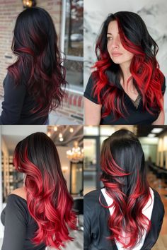 23 Gorgeous Long Ombre Haircuts for 2024 Vivid Hair Color With Black, Ombré Colored Hair, Black Hair Ideas With Color, Hair Color Ideas 2 Colors, Red Ombre Hair With Bangs, Dark Hair Color Ideas For Long Hair, Dark Hair With Red Underneath, Red And Black Hair Color Ideas