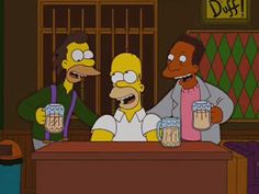 three simpsons characters sitting at a table with beer mugs in front of them,