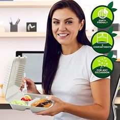 a woman holding a plate with food in it and some green icons above her head