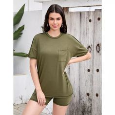 Women Casual Loose Two Piece Loungewear Set With Pockets T-shirt And Shorts Pajamas Set : Target Casual Sleep Short Set, Summer Loungewear Short Set With Crew Neck, Summer Crew Neck Short Set For Loungewear, Summer Crew Neck T-shirt For Sleep, Casual Green Sleep Shorts, Casual Green Loungewear Short Set, Two Piece Loungewear, Shorts Pajamas, Shorts Pajama Set