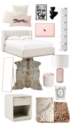 a white bedroom with pink accents and accessories