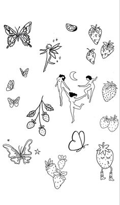 a black and white drawing of different types of butterflies, strawberries, and cherries