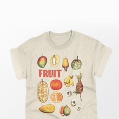 "Fruit Graphic T-Shirt * vintage inspired tee * retro fruit and lettering * eco-friendly water based ink * printed in my USA loft * ringer or regular tshirt * most women & Non-Binary feminine bodies size down * 100% cotton or 50/50 cotton poly * machine wash cold inside out is best * allow 1-3 business days if not in stock UNISEX chest * XS . 34-35 / 86-89cm * S . . 36-38\" / 94-97cm * M . .40-42\" / 101-107cm * L . . 43-44\" / 109-112cm * XL . 46-48\" / 117-122cm  * 2XL 50-52\" / 127-132cm * 3X Christian Kids Shirts, Fruit Graphic, Retro Fruit, Peach Print, Cute Banana, Fruit Shirt, Shirts Cute, Gardening Shirts, Design Posters