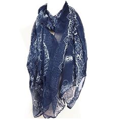 Beautiful lightweight fashionable scarf that is quite versatile Perfect to be worn in any season, especially during fall and spring months Great gift for scarf and shawl lovers Three styles available in navy blue, ivory and white Measurements: 63 inches (L) by 30 inches (W) Materials: Chiffon, Voile Perfect Face Shape, Pashmina Wrap, Vintage Shawls, Wrap Shawl, Blue Scarf, Cotton Scarf, Long Scarf, Urban Outfits, Neck Scarves