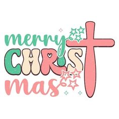 the words merry christmas with a cross and stars in pink, green, and white