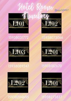 the hotel room numbers are displayed in black and gold letters on a pink, purple, yellow