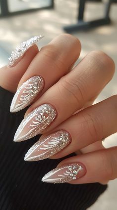 50 Glitter Nail Designs For Beautiful Dazzling Nails 13 Gel Wedding Nails, Classic Wedding Nails, Dramatic Artwork, Bridal Nail Designs, Elegant Bridal Nails, Bridal Manicure, Bridal Nails Designs