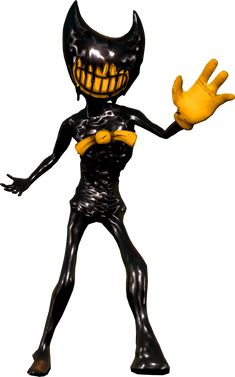 a cartoon character dressed in black and yellow holding his hands out to the side with one hand