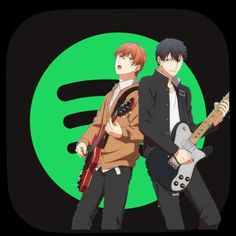 two young men are holding guitars in front of a green and black background with the word e on it