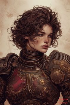 a painting of a woman in armor with curly hair