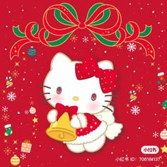 a hello kitty christmas card with an image of a cat holding a bell in its paws