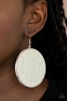 White twine-like cording weaves across the front of an oversized silver disc for an earthy flair. Earring attaches to a standard fishhook fitting.

 Sold as one pair of earrings. Paparazzi Jewelry Images, Sliding Knot Closure, Copper Bar, Mobile Boutique, Cute Boutiques, Disc Earrings, Paparazzi Accessories, Chic Jewelry, White Earrings