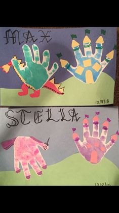 two handprints with different colors and designs on them, one is made to look like