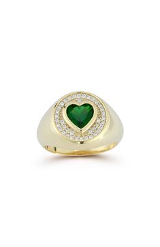 A heart-shaped green CZ stone dazzles on a pavé-halo signet ring plated in gleaming 14-karat gold. Sterling silver/14k-gold plate/cubic zirconia Made in Turkey Heart Shaped 14k Gold Signet Ring For Gift, Classic Heart-shaped 14k Gold Signet Ring, Heart-shaped Yellow Gold Signet Ring Stamped 14k, Heart-shaped 14k Gold Signet Ring As Gift, Heart-shaped Yellow Gold Signet Ring For Valentine's Day, Ring Plate, Cz Stone, Signet Ring, Womens Jewelry Rings