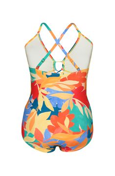 This vibrant and expressive print features a mix of organic shapes in a rich palette of orange, pink, blue, and aqua, resembling an abstract interpretation of a tropical garden. A lace-up detail with raffia rings at the center of the bust allow glimpses of skin to peek through, while allover shirring slims and smooths for a trim look. The double, adjustable straps crisscross in back. [split] Details One piece swimsuit Underwire support Removable cups Adjustable straps Shaping fit (shirred body a Orange Tropical Swimwear With Floral Print, Vibrant Multicolor Floral Print Swimwear, Vibrant Multicolor Tropical Print Swimwear, Multicolor Abstract Print Swimwear For Summer, Tropical Multicolor Floral Print Swimwear, Multicolor Tropical Swimwear For Spring, Tropical Garden, Organic Shapes, Orange Pink