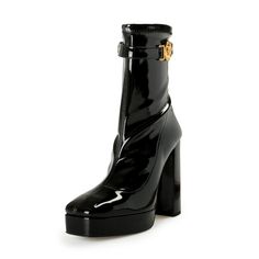 Versace Women's Black High Heel Platform Boots Shoes Country/Region Of Manufacture: Italy Retail Value: $1295.00 This Is Authentic Versace Women's Black High Heel Platform Boots Shoes Sku: Shoes-6983 Model: 1011904 1a08664 1b00v Material: Leather/Stretch Material Heel In Inches: 4.75" Shaft: 6.75" Circumference: 10.5"-11.5" ( Stretch Material) Platform: 1" Luxury Patent Leather Evening Boots, Luxury Patent Leather Boots For Evening, Evening Patent Leather Boots With Block Heel, Luxury Patent Leather Boots For Formal Occasions, Luxury Platform Boots With Pointed Toe, Elegant Platform Boots In Patent Leather, Luxury Patent Leather Party Boots, Luxury Square Toe Evening Boots, Luxury Evening Boots With Square Toe