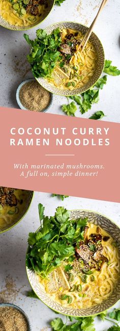 the cover of coconut curry ramen noodles with noodle and parsley on top