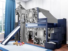 there is a bunk bed with a slide in the room