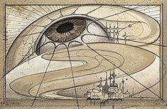 an artistic drawing with lines and shapes in the shape of a large eye on top of a building