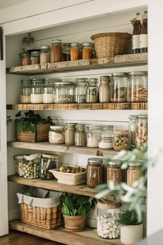 an open pantry with lots of jars and vegetables