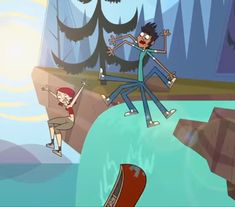 two cartoon characters are jumping over a river in front of some trees and mountains, while another person is on the other side of the stream