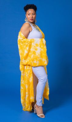 Experience the vibrant energy of summer with our Yellow Tie Dye kimono! Made with breathable fabric, this one-size-fits-most piece is perfect for any occasion. Versatile and comfortable, it's your go-to for effortless style all season long. Summer Wrap Cover-up Free Size, Long Summer Festival Kimono, Lightweight Oversized Cover-up For Spring, Spring Cotton Tunic Cover-up, Oversized Wrap Cover-up For Summer, Oversized Spring Tunic Cover-up, One Size Open Front Cover-up For Day Out, Tie Dye Kimono For Festivals, Spring Tie Dye Kimono With Kimono Sleeves