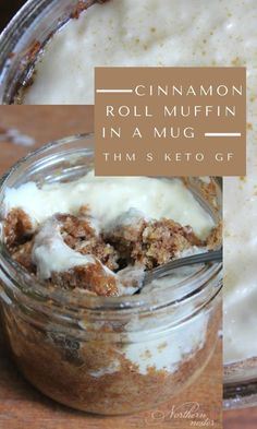 cinnamon roll muffin in a mug on a wooden table with text overlay that reads cinnamon roll muffin in a mug