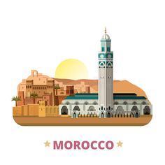 morocco city skyline in flat style with the sun setting behind it and buildings on the other side