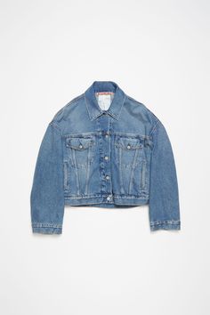 Relaxed Fit Cropped Denim Jacket In Medium Wash, Oversized Medium Wash Recycled Denim Jacket, Washed Denim Button-up Outerwear, Denim Blue Cotton Button-up Jacket, Unstructured Denim Button-up Jacket, Blue Denim Single-breasted Outerwear, Acne Studios Denim Jacket, Fitted Denim Jacket, Satin Wrap Dress