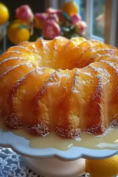 a bundt cake with icing and lemons in the background