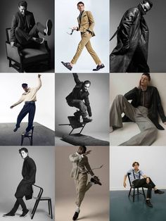 a collage of photos with men in different outfits and shoes sitting on chairs, posing for the camera