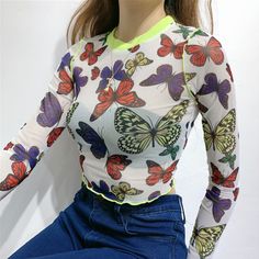 See-through Butterfly Printed Long Sleeve Mesh Top Fitted Multicolor Fashion Print Tops, Multicolor Butterfly Print Tops For Summer, Multicolor Butterfly Print Top For Summer, Fitted Long Sleeve Tops With Butterfly Print, Fitted Multicolor Tops With Colorful Pattern, Colorful Fitted Graphic Print Tops, Fe Clothing, Mesh Long Sleeve, Retro Chic